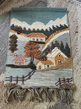 Vintage Handmade 70's Fall Crewel Embroidery Tapestry wall hang 
Granny Core 33”